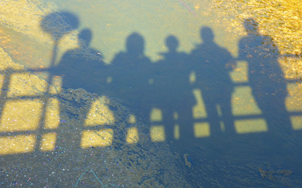 shadow of five people on a sidewalk