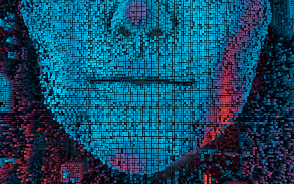 The image, designed to represent artificial intelligence, is a mixture of colors and shapes, which come together to create the outline of a person’s face from forehead to chin. The image accompanies an article about how AI algorithms are changing the life insurance industry and policyholders’ customer service experience.